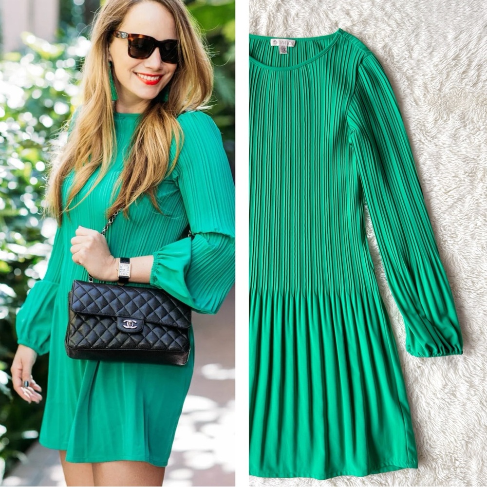 Eliane Rose Woman Green Pleated Crepe Balloon Sleeve Mini Dress MEDIUM Preppy